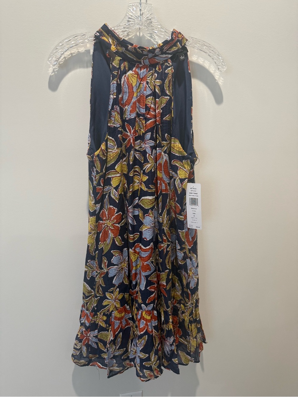 MSK Navy Floral Halter Dress with Rust, Gold and Light Blue Blooms